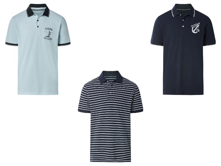 Trois polos pour hommes : bleu clair avec motif de voile, bleu marine avec ancre et rayé.