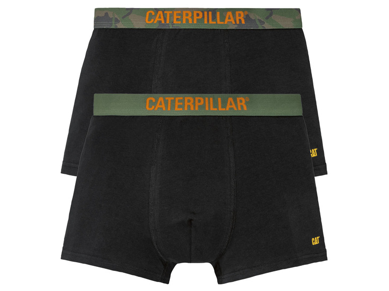 Deux boxers noirs Caterpillar avec un motif camouflage et une bande verte.