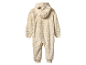 Combinaison en peluche beige pour bébé avec capuche.