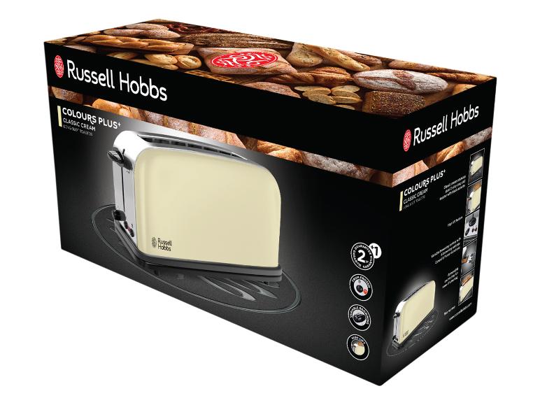 Un grille-pain Russell Hobbs crème avec des fentes longues.