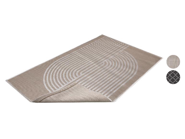 Tapis beige avec un motif géométrique de rayures et de cercles, avec des échantillons de motifs supplémentaires.