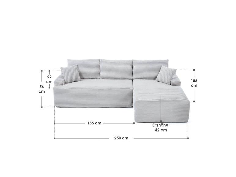 Canapé modulaire gris avec méridienne et coussins, dimensions: 250x155x92 cm, hauteur d'assise 42 cm.