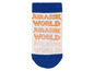 Une paire de chaussettes blanches avec des accents bleus et un imprimé 'Jurassic World'.