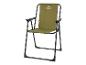 Chaise de camping pliante verte avec cadre noir, avec le logo de la marque sur le dossier.
