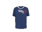 T-shirt bleu marine avec un motif de rayures bleues, blanches et rouges sur la poitrine.