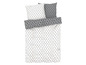 Une housse de couette blanche avec un motif gris et des taies d'oreiller assorties.