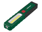 Lampe de travail LED verte et noire avec un bouton rouge et une bande lumineuse jaune.