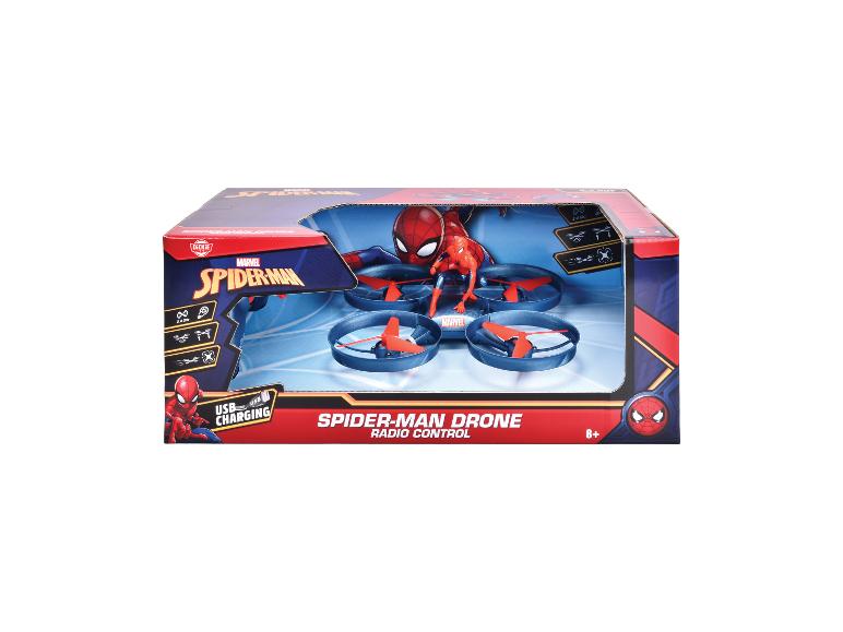 Drone Marvel Spider-Man dans son emballage, avec chargement USB et radiocommande.