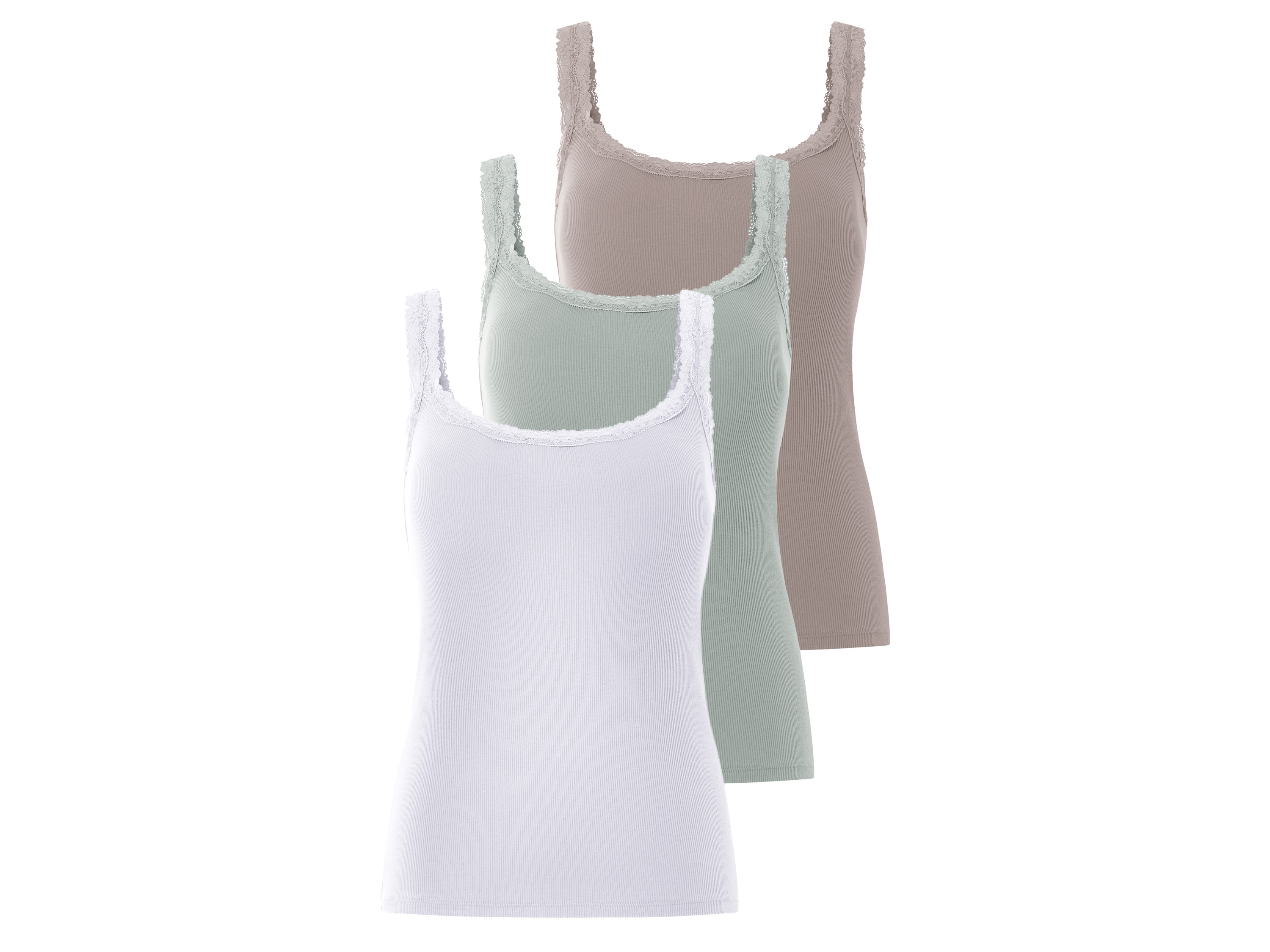 esmara® Lot de 3 débardeurs côtelés à dentelle femme (gris/mint/blanc, M(38/40))