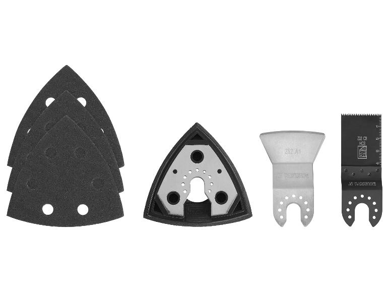 Accessoires pour outils électriques, comprenant du papier de verre triangulaire, un patin de ponçage et deux lames de coupe.