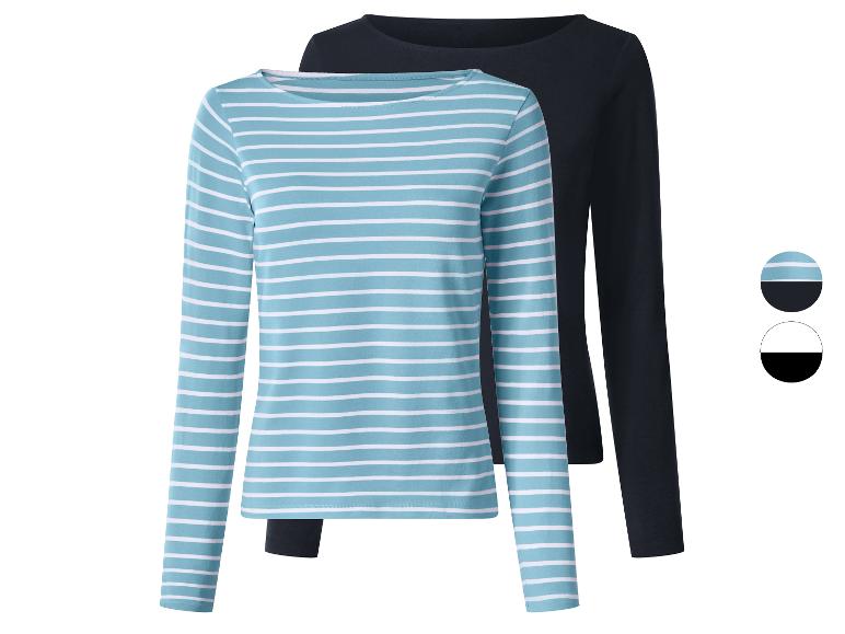 Deux hauts à manches longues pour femmes : un rayé turquoise et blanc, et un noir.