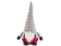 Gnome décoratif avec un chapeau gris à pois, une barbe blanche et une salopette rouge.