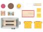 Jouets de cuisine avec un grille-pain, un couteau, du pain, un œuf et de la confiture.
