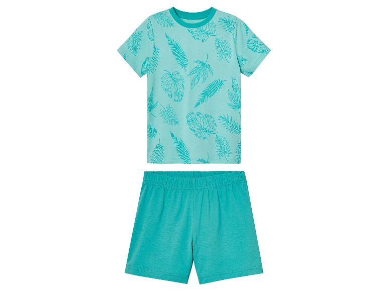 Ensemble short et t-shirt turquoise à motif feuilles tropicales.