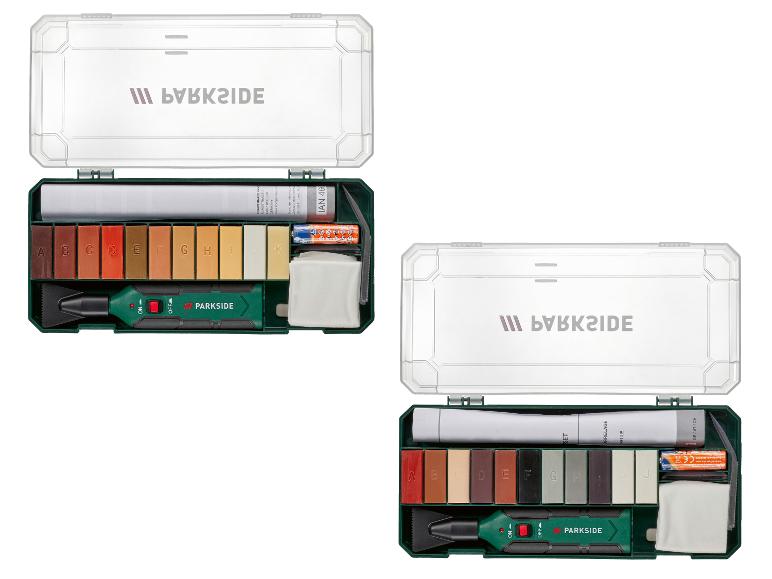 Deux kits de réparation de sol, avec de la cire colorée et un outil chauffant.