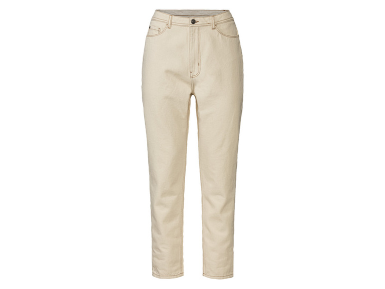Jean beige avec des coutures contrastantes.