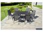 Ensemble de mobilier de jardin avec table et six chaises sur une terrasse en bois.