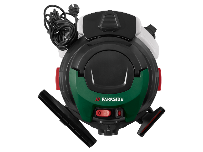 Vue de dessus d'un aspirateur eau et poussière avec accessoires.
