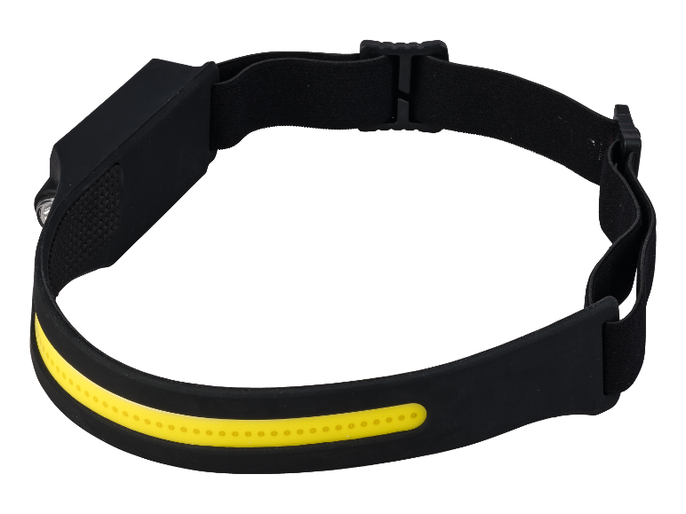 Une lampe frontale noire avec une bande LED jaune.