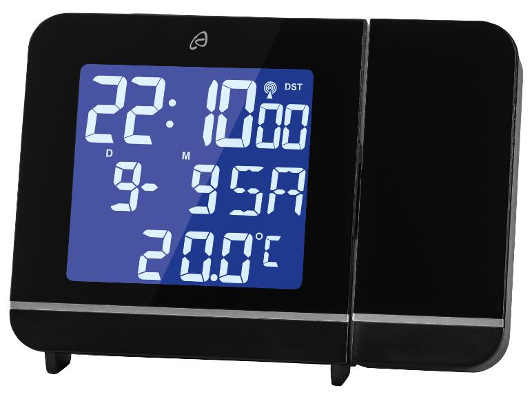 Réveil numérique noir avec projecteur et écran LCD.