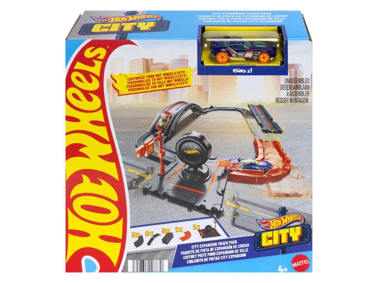 Hot Wheels City Expansion Track Pack avec voiture bleue et pièces de piste.