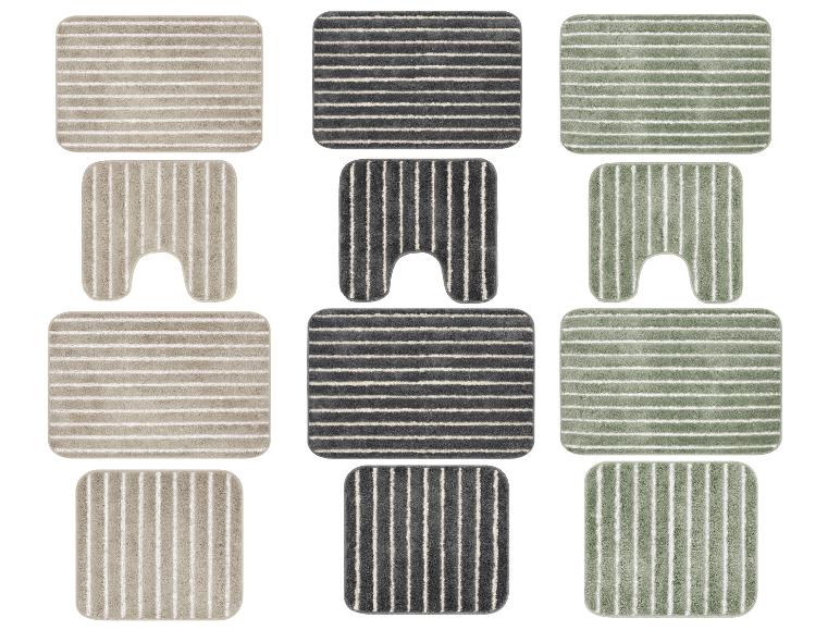 Ensemble de tapis de bain trois couleurs avec motifs à rayures horizontales et verticales.