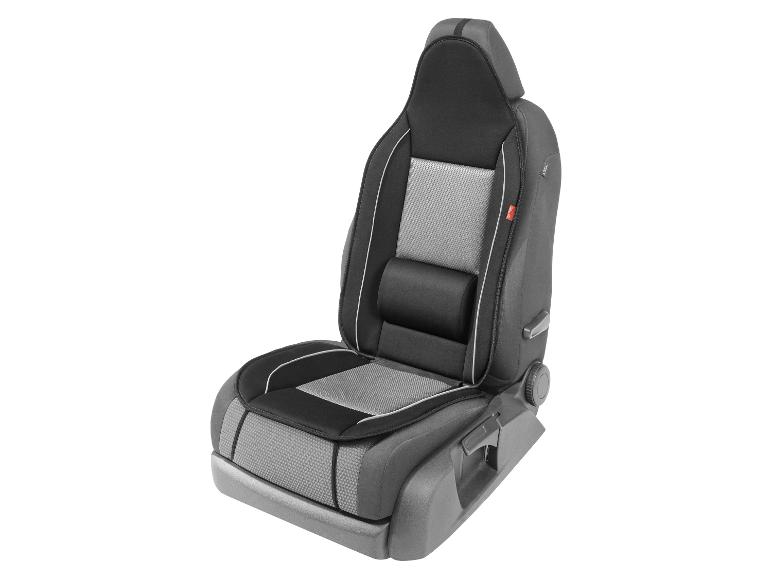 Housse de siège auto noire et grise avec appui-tête intégré.