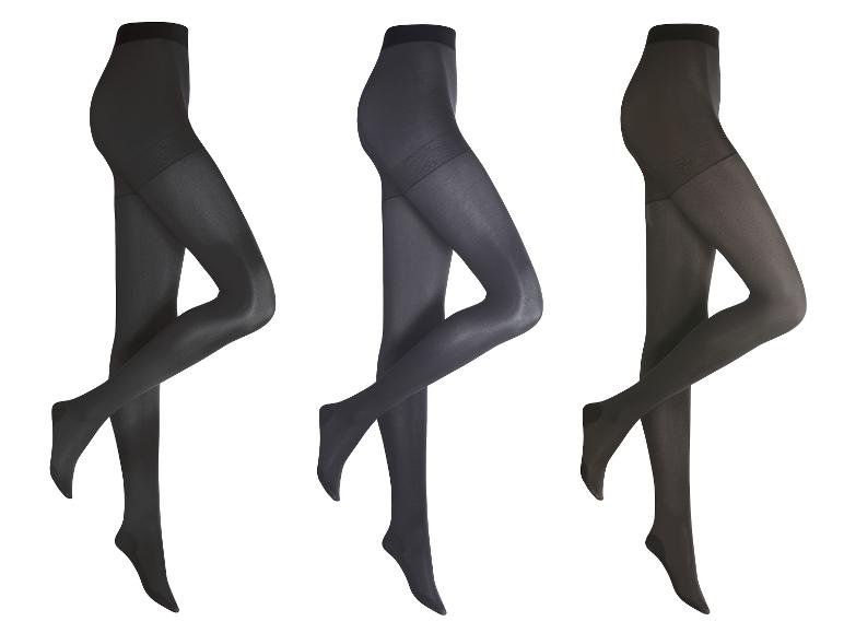 Trois paires de collants pour femmes en noir, gris et marron, sur fond blanc.