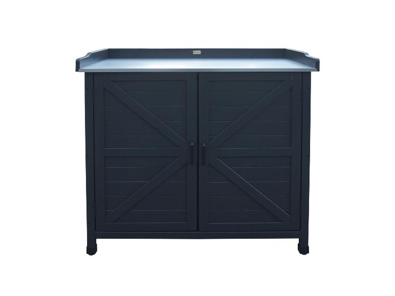 Armoire d'extérieur bleu foncé avec deux portes et plan de travail, logo 'HABAU'.