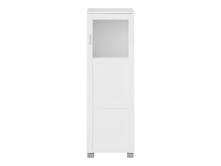 Une armoire blanche avec des portes en verre et deux tiroirs.