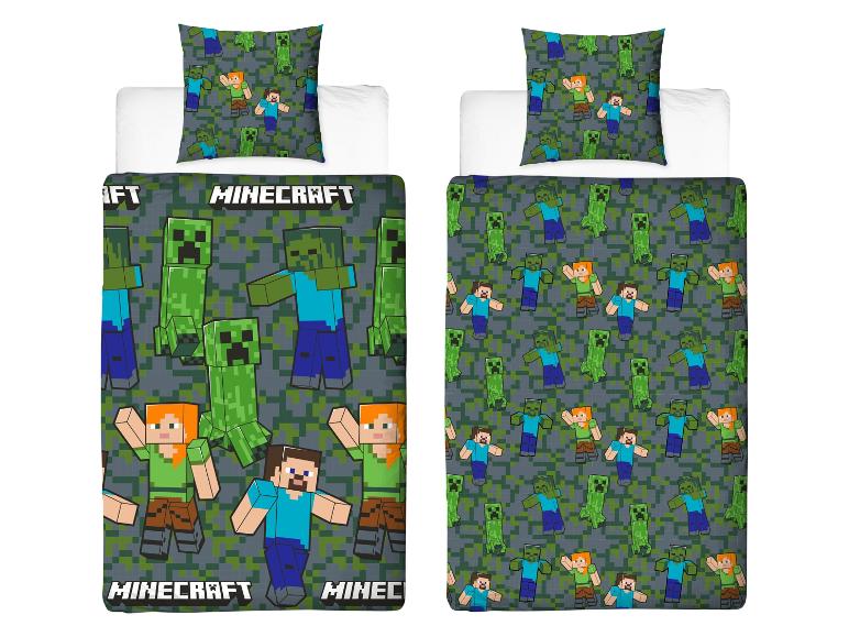Parure de lit Minecraft : Creeper, zombies et Steve sur fond camouflage.