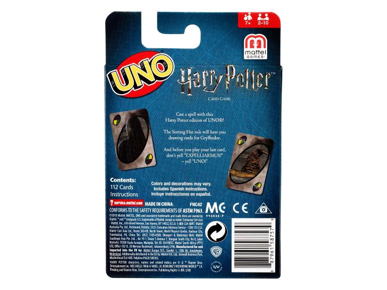 Dos d'un jeu de cartes sur le thème de Harry Potter, avec règles et informations sur le produit.
