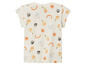 T-shirt blanc avec un imprimé amusant de soleils, d'arcs-en-ciel et de fruits.