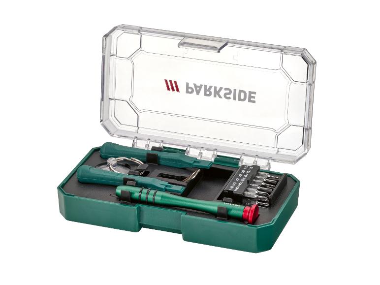 PARKSIDE kit de tournevis de précision dans une boîte verte et transparente ouverte.