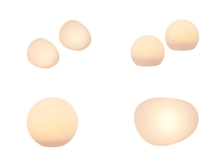 Quatre groupes de luminaires ovoïdes lumineux sur fond blanc.