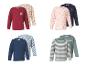 Quatre ensembles de deux t-shirts à manches longues pour enfants, avec des motifs floraux, cœurs, voitures et rayures.