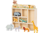 Étagère en bois thème safari avec figurines d'animaux : éléphant, zèbre, lion, girafe.