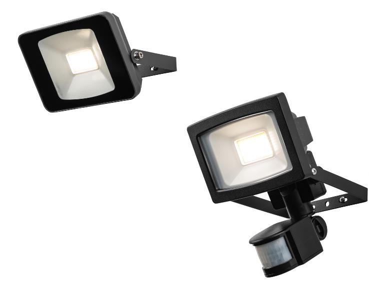 Deux projecteurs LED noirs, dont un avec détecteur de mouvement, sur fond blanc.