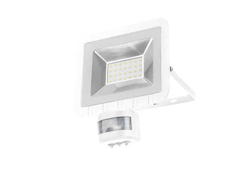 Un projecteur LED blanc avec un détecteur de mouvement.
