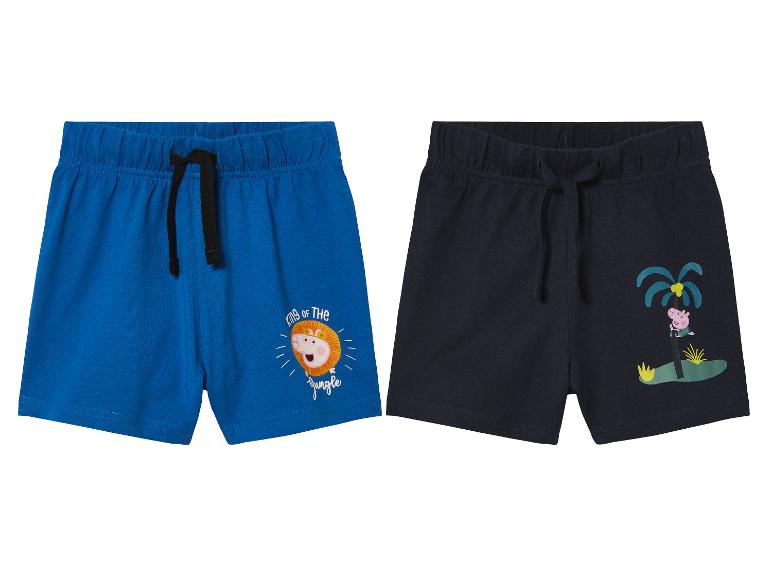 Deux shorts pour enfant, bleu et marine, décorés de Peppa Pig.