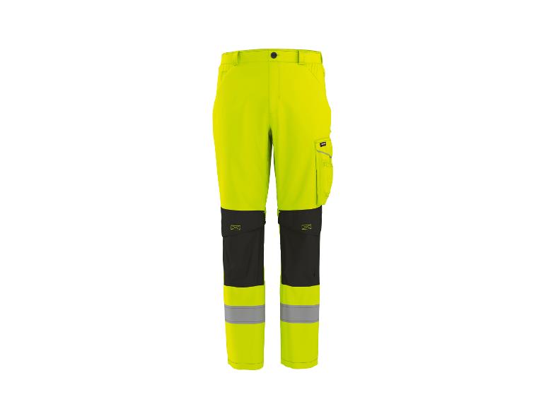 Pantalon de travail haute visibilité jaune fluo avec genouillères noires et bandes réfléchissantes.