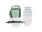 Un sac à déjeuner vert avec une bandoulière et trois boîtes à lunch transparentes.