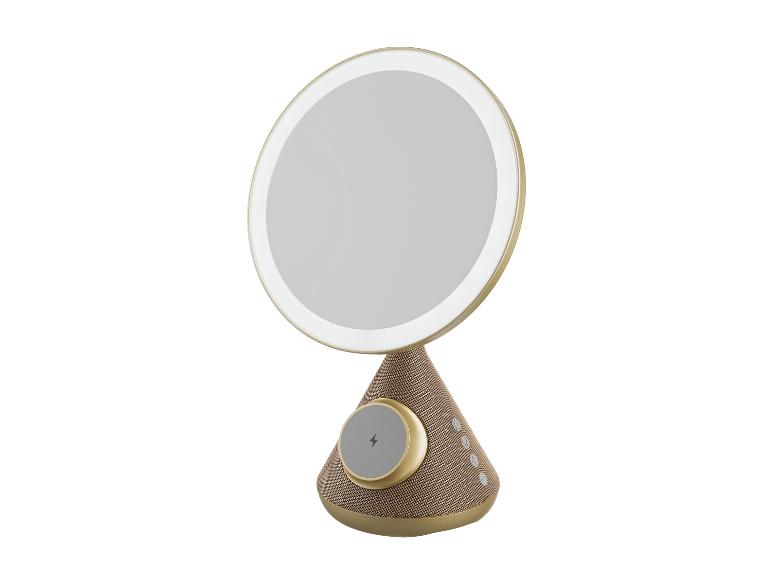 Miroir de maquillage lumineux avec base de chargement sans fil et haut-parleur.