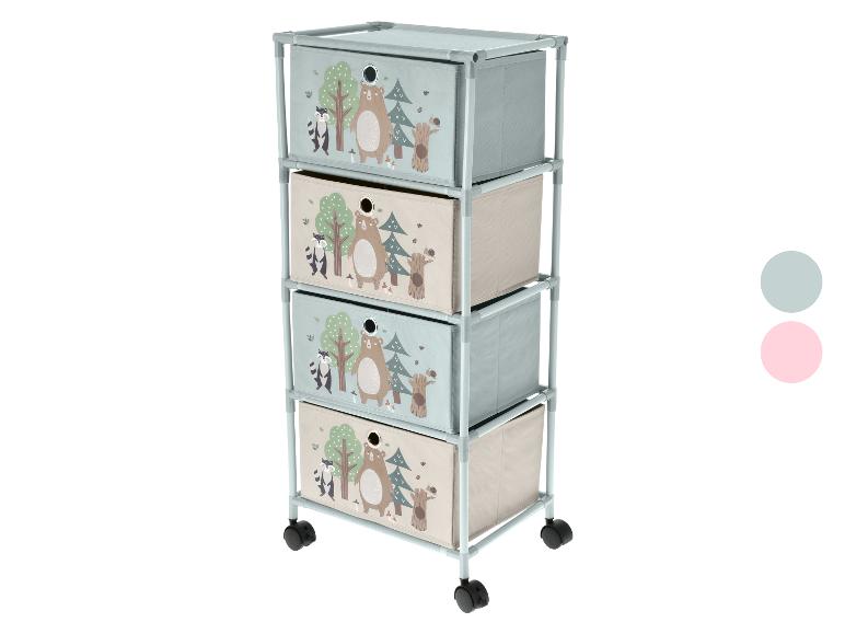 Meuble à quatre tiroirs avec motif animaux de la forêt, sur roulettes.