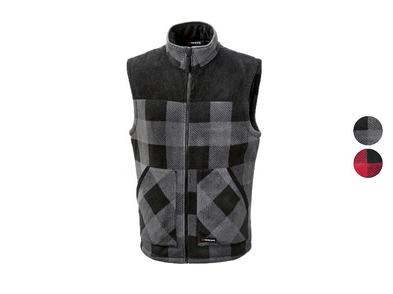 Gilet polaire à carreaux gris et noir avec fermeture éclair et options de couleur.