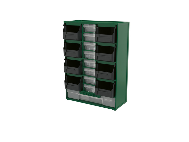 Une armoire de rangement verte avec des tiroirs noirs et transparents de Parkside.