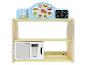 Cuisine jouet en bois avec micro-ondes, calculatrice et articles de boulangerie, avec le texte 'Coffee time'.
