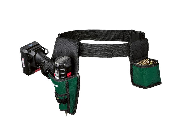 Ceinture porte-outils avec perceuse-visseuse sans fil et pochette à vis.