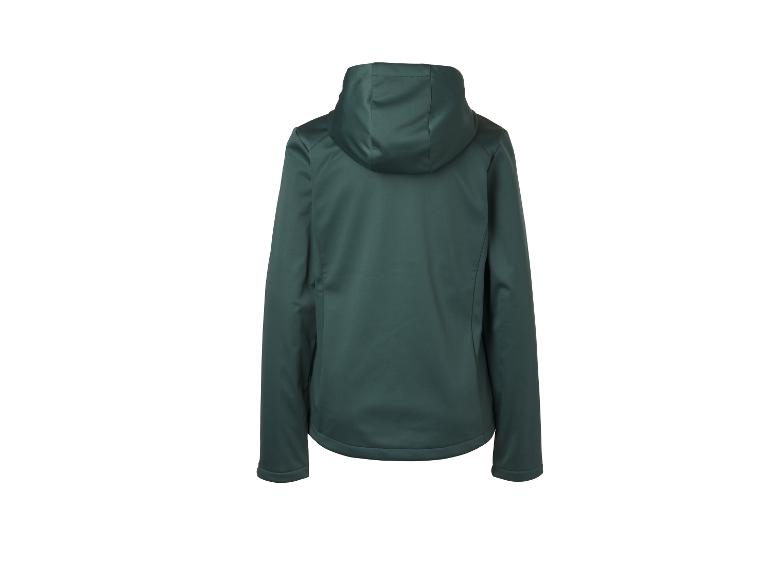 Une veste softshell vert foncé à capuche, vue arrière.