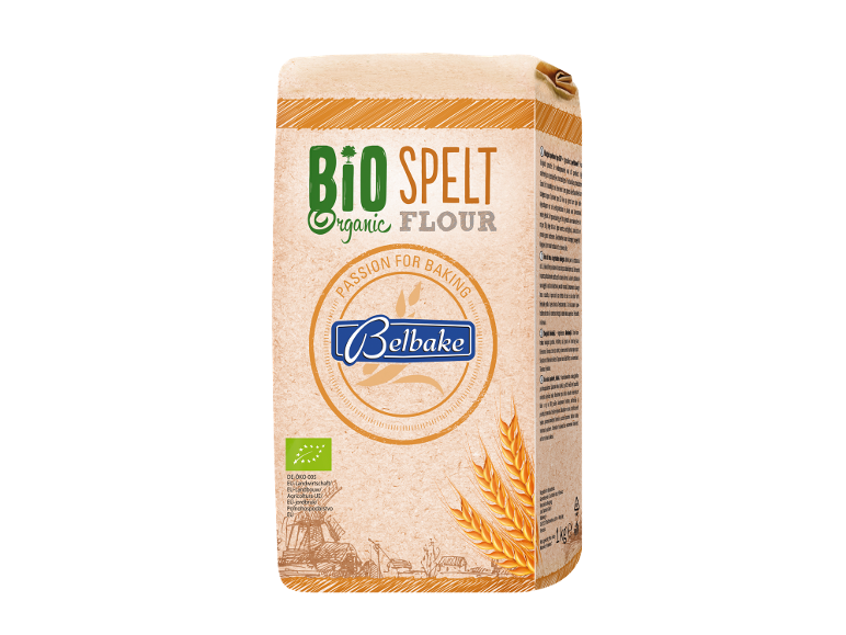 Paquet de farine d'épeautre biologique avec le logo de l'UE et des épis de blé.